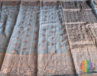 Grey Banarasi Handloom Pure Linen Saree – Handloom Saree Online India | Elegantt Drapes