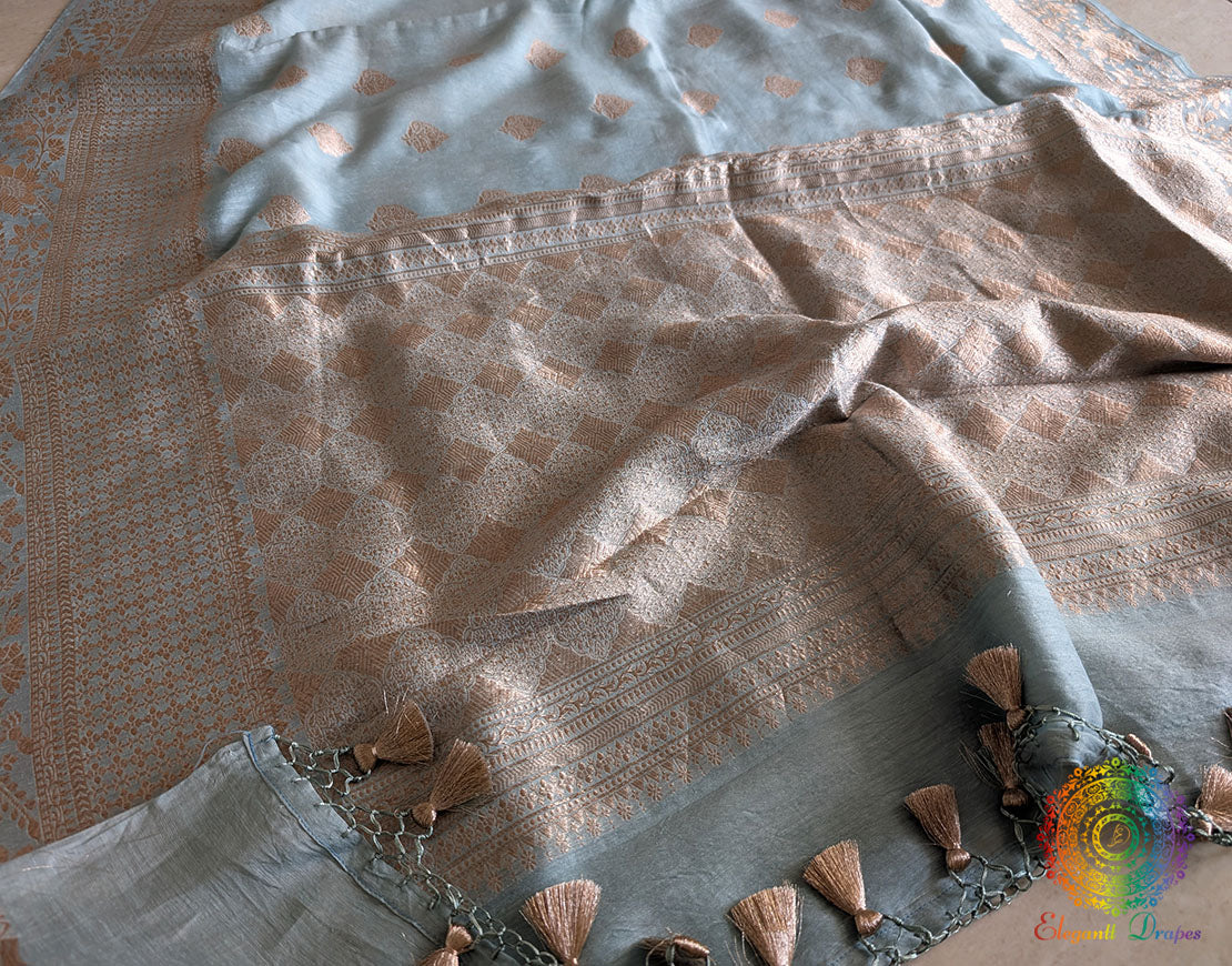 Grey Banarasi Handloom Pure Linen Saree – Handloom Saree Online India | Elegantt Drapes