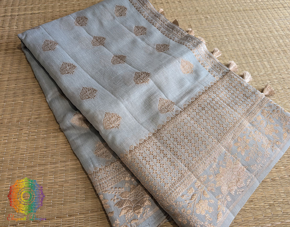 Grey Banarasi Handloom Pure Linen Saree – Handloom Saree Online India | Elegantt Drapes