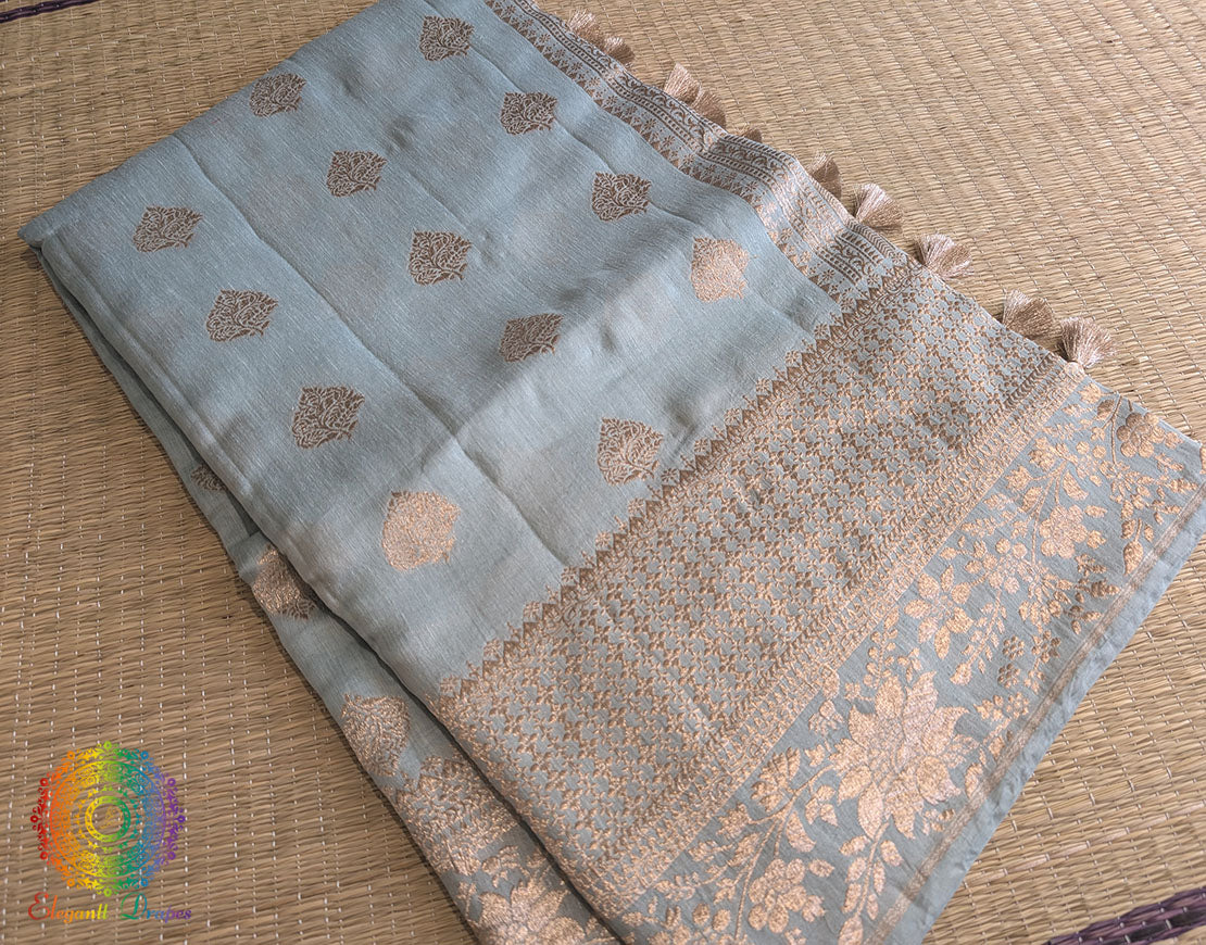 Blue Banarasi Handloom Pure Linen Saree – Handloom Saree Online India | Elegantt Drapes