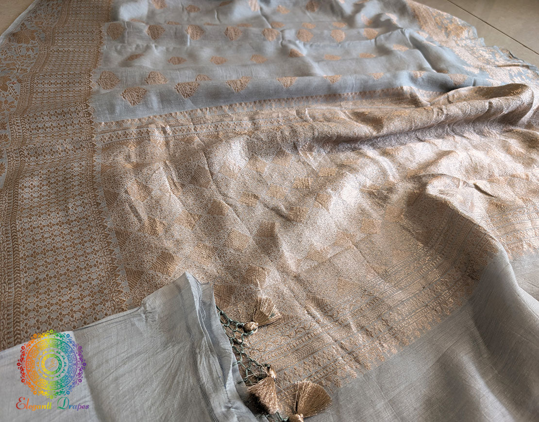 Blue Banarasi Handloom Pure Linen Saree – Handloom Saree Online India | Elegantt Drapes