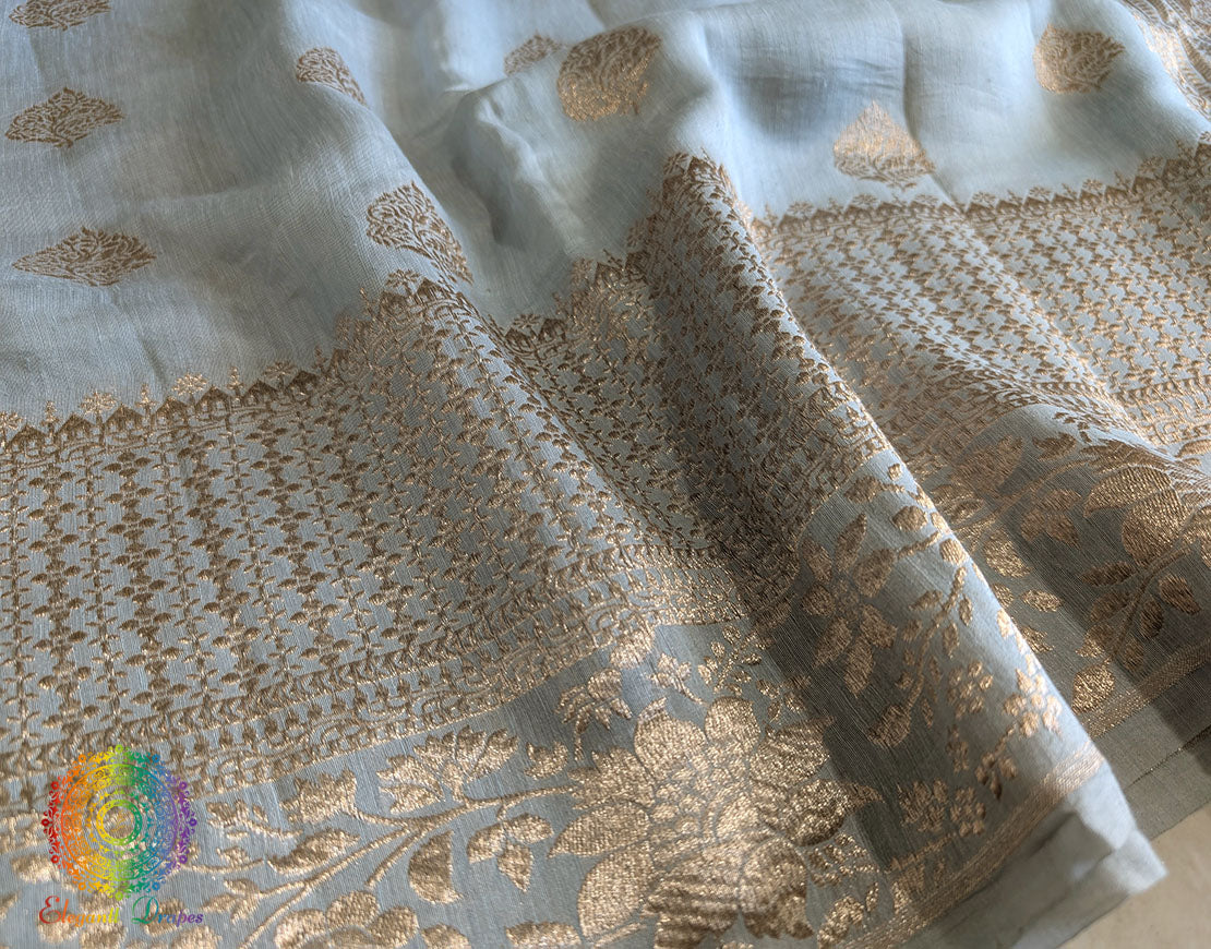 Blue Banarasi Handloom Pure Linen Saree – Handloom Saree Online India | Elegantt Drapes