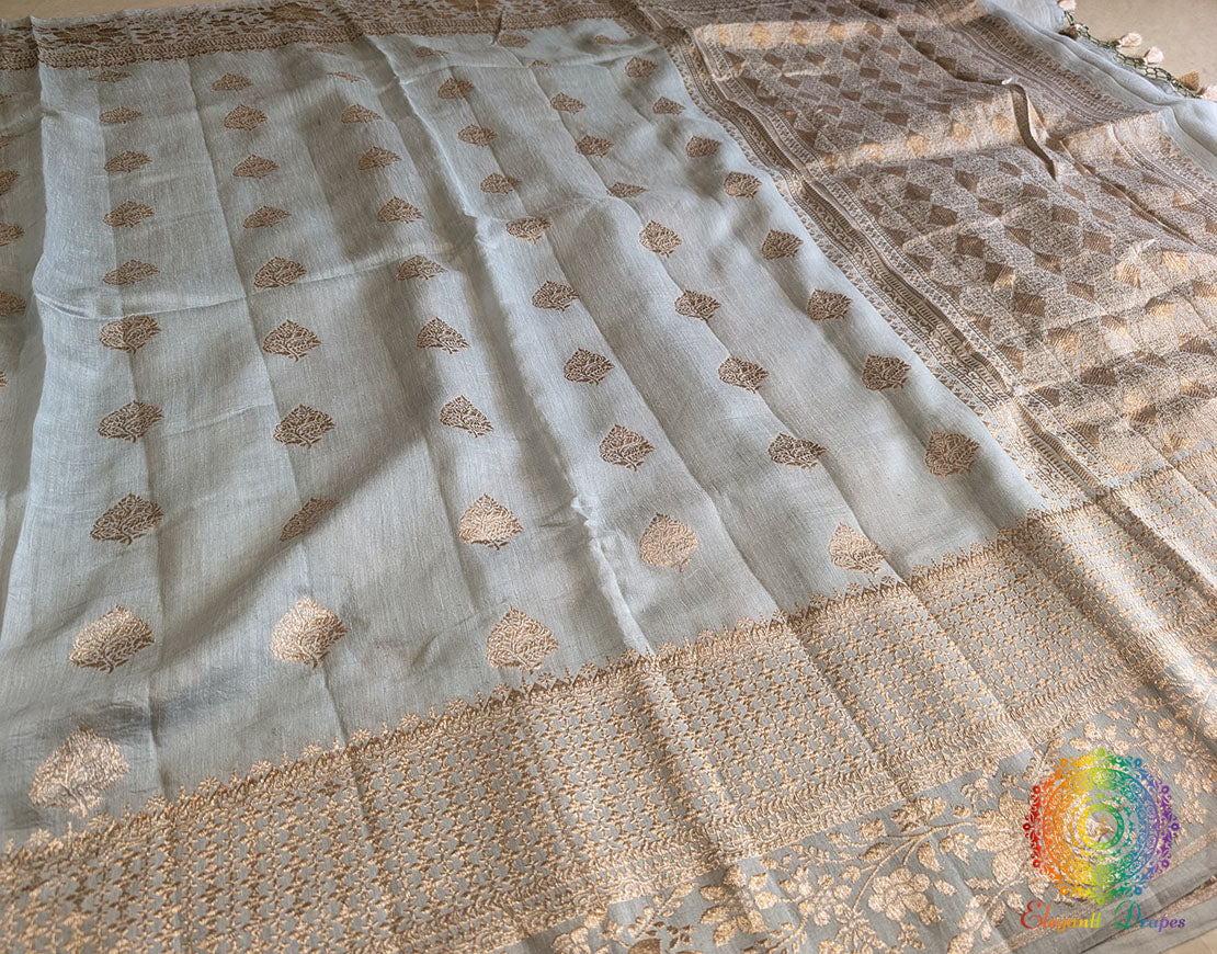 Blue Banarasi Handloom Pure Linen Saree – Handloom Saree Online India | Elegantt Drapes