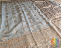 Blue Banarasi Handloom Pure Linen Saree – Handloom Saree Online India | Elegantt Drapes
