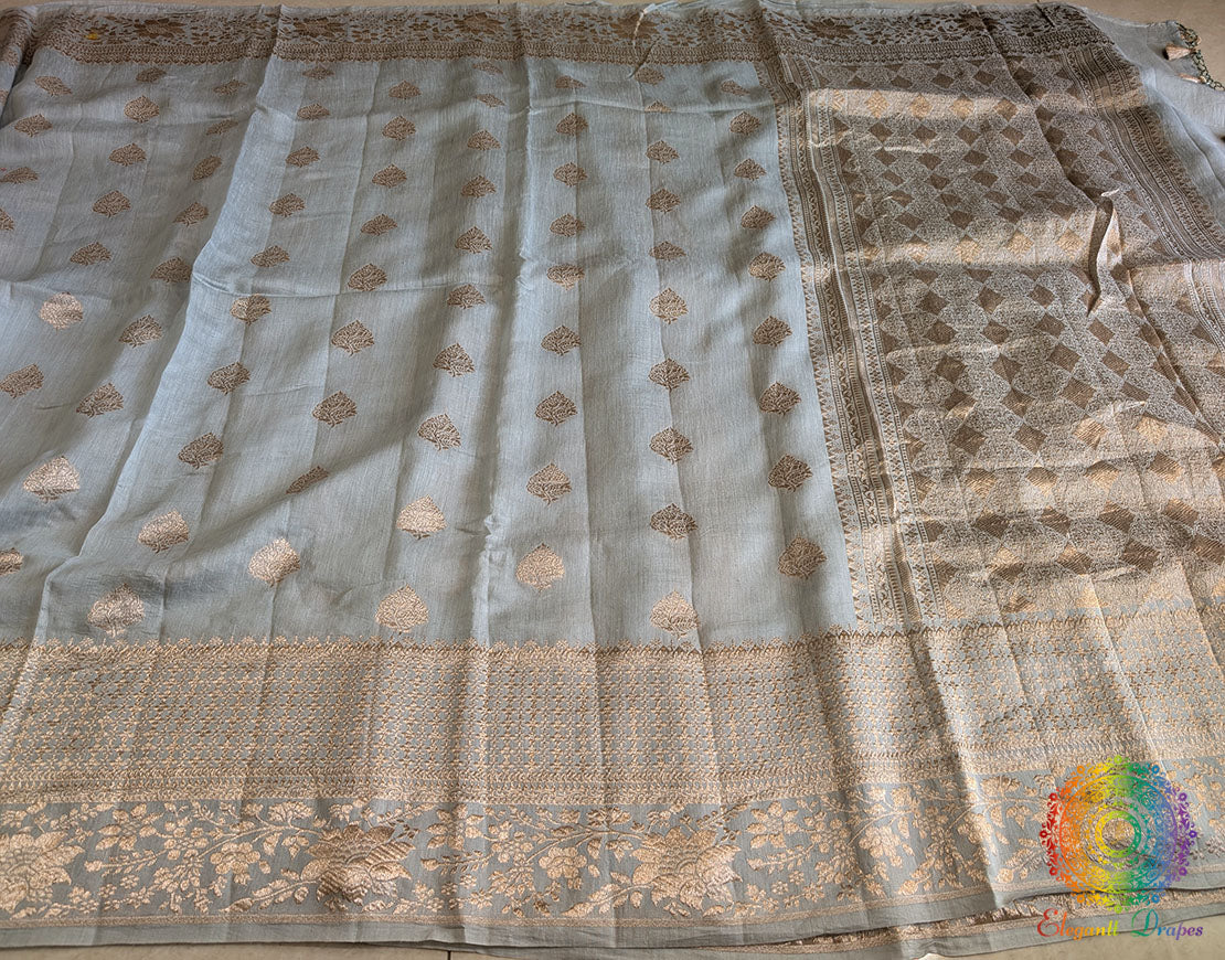 Blue Banarasi Handloom Pure Linen Saree – Handloom Saree Online India | Elegantt Drapes