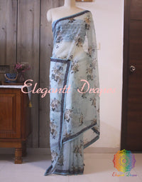 Blue Floral Printed Pure Organza Handwork Saree – Handloom Saree Online India | Elegantt Drapes