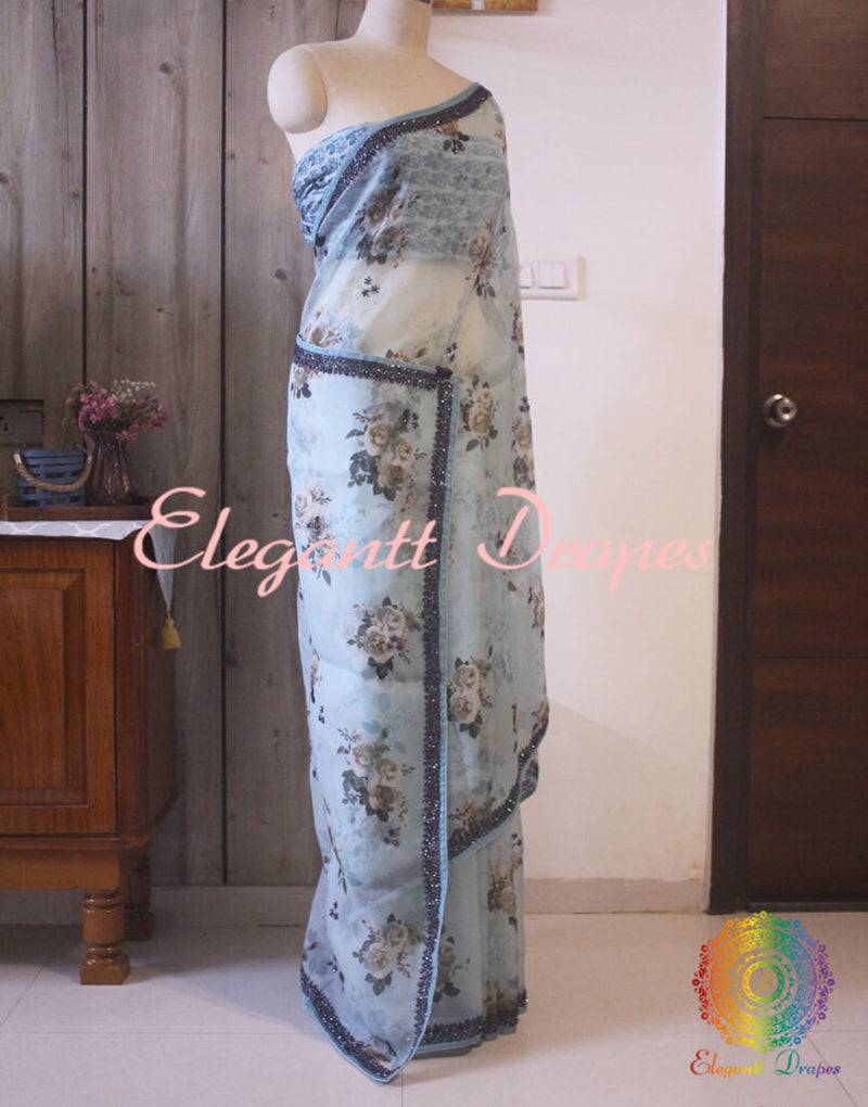 Blue Floral Printed Pure Organza Handwork Saree – Handloom Saree Online India | Elegantt Drapes