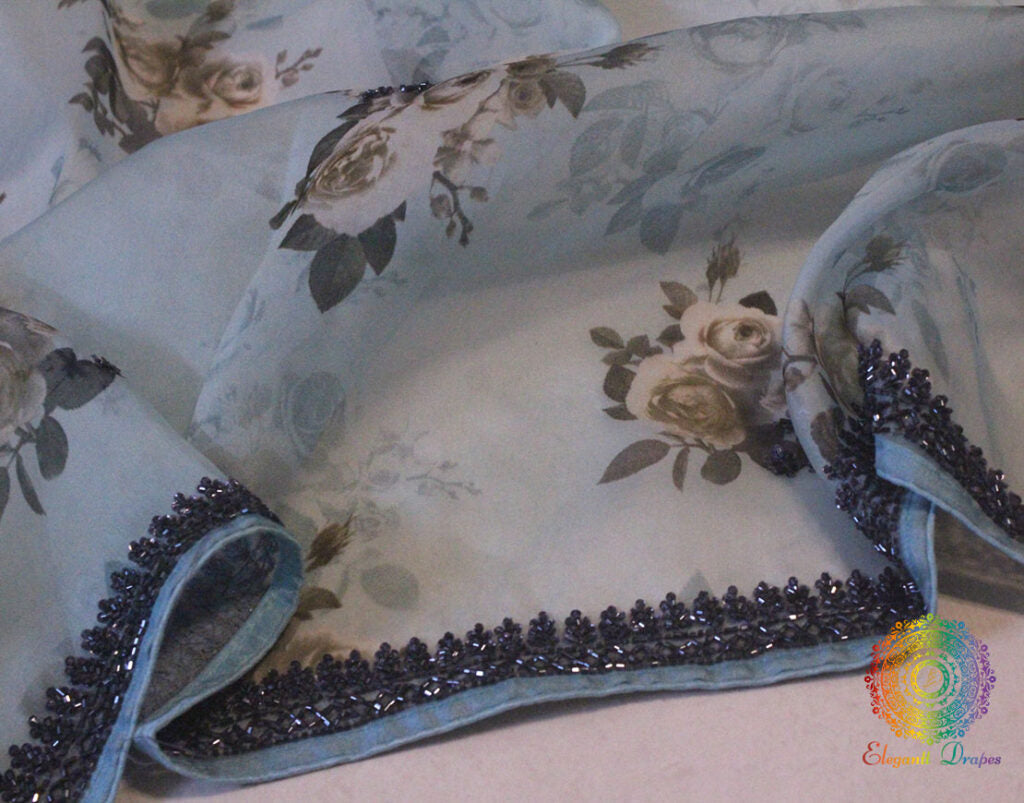 Blue Floral Printed Pure Organza Handwork Saree – Handloom Saree Online India | Elegantt Drapes