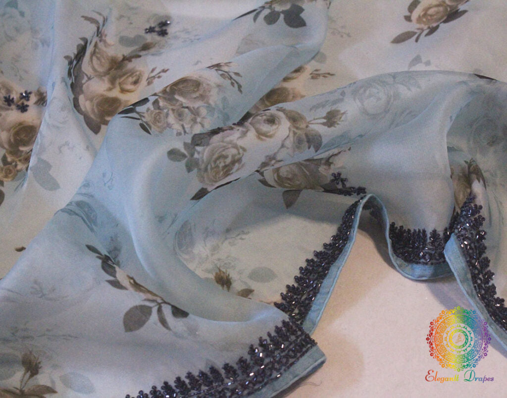 Blue Floral Printed Pure Organza Handwork Saree – Handloom Saree Online India | Elegantt Drapes