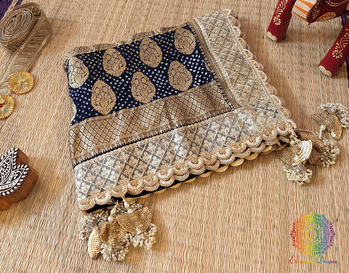 Blue Banarasi Georgete Bandhani Zardozi Border Dupatta