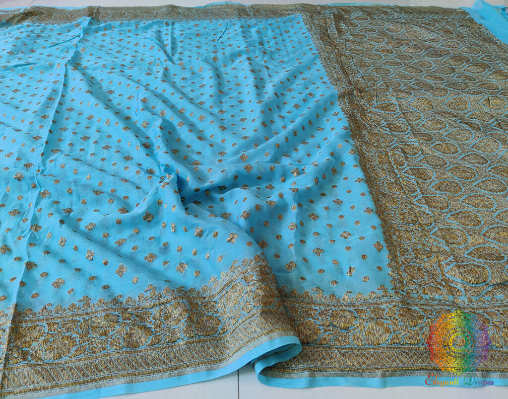 Sky Blue Banarasi Handloom Pure Khaddi Georgete Saree – Handloom Saree Online India | Elegantt Drapes