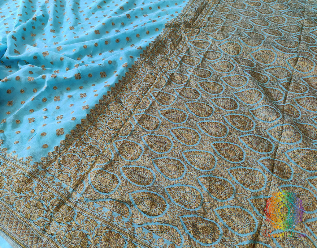 Sky Blue Banarasi Handloom Pure Khaddi Georgete Saree – Handloom Saree Online India | Elegantt Drapes
