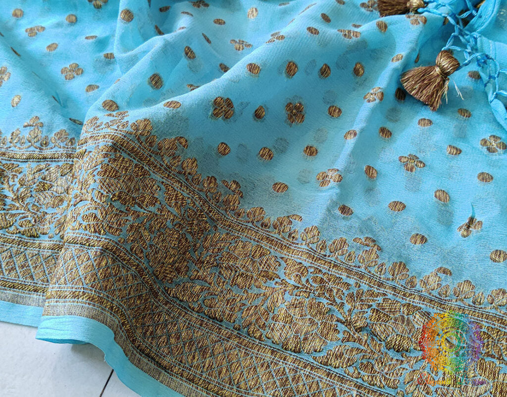 Sky Blue Banarasi Handloom Pure Khaddi Georgete Saree – Handloom Saree Online India | Elegantt Drapes