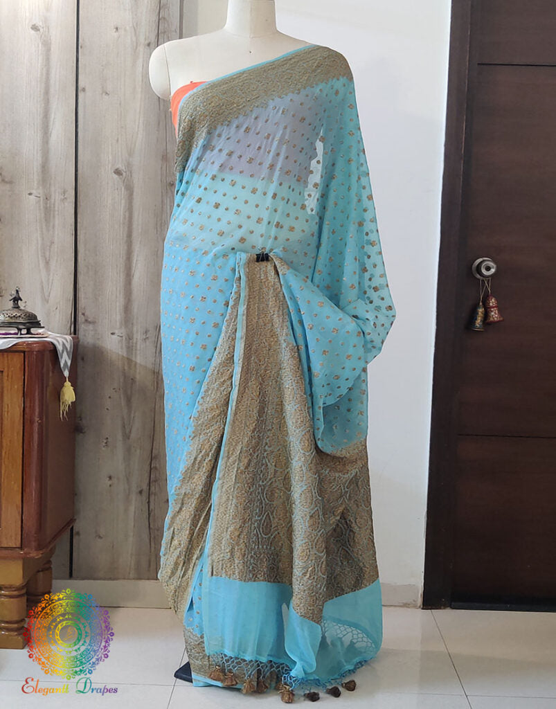 Sky Blue Banarasi Handloom Pure Khaddi Georgete Saree – Handloom Saree Online India | Elegantt Drapes