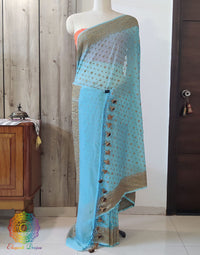 Sky Blue Banarasi Handloom Pure Khaddi Georgete Saree – Handloom Saree Online India | Elegantt Drapes