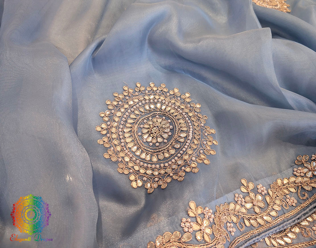 Blue Tissue Organza Gota Patti Handwork Saree – Handloom Saree Online India | Elegantt Drapes