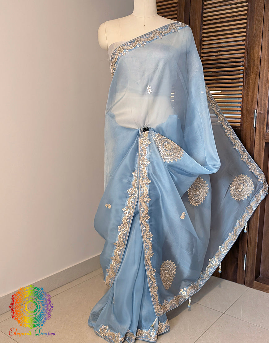 Blue Tissue Organza Gota Patti Handwork Saree – Handloom Saree Online India | Elegantt Drapes