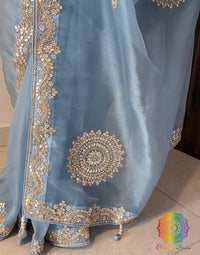 Blue Tissue Organza Gota Patti Handwork Saree – Handloom Saree Online India | Elegantt Drapes