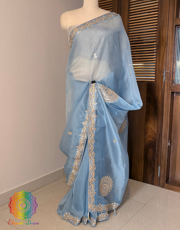 Blue Tissue Organza Gota Patti Handwork Saree – Handloom Saree Online India | Elegantt Drapes