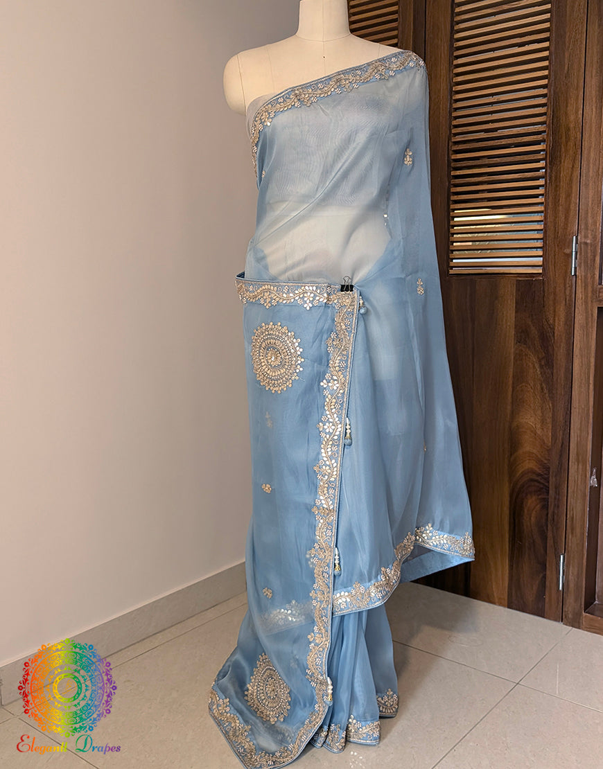 Blue Tissue Organza Gota Patti Handwork Saree – Handloom Saree Online India | Elegantt Drapes