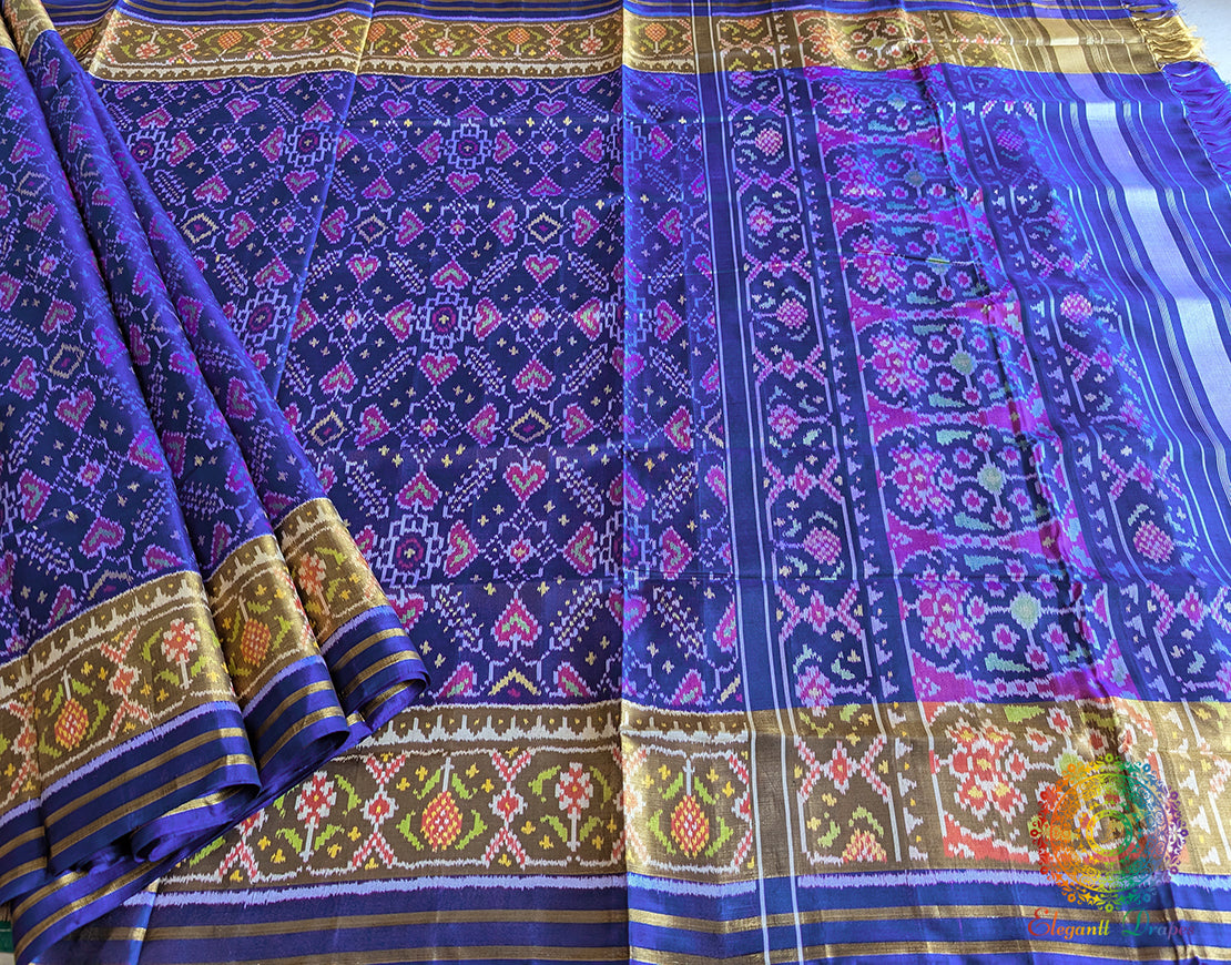 Blue Pure Mulberry Silk Rajkot Patola Saree – Handloom Saree Online India | Elegantt Drapes