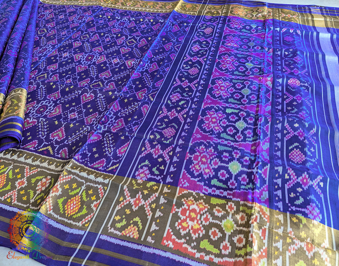 Blue Pure Mulberry Silk Rajkot Patola Saree – Handloom Saree Online India | Elegantt Drapes