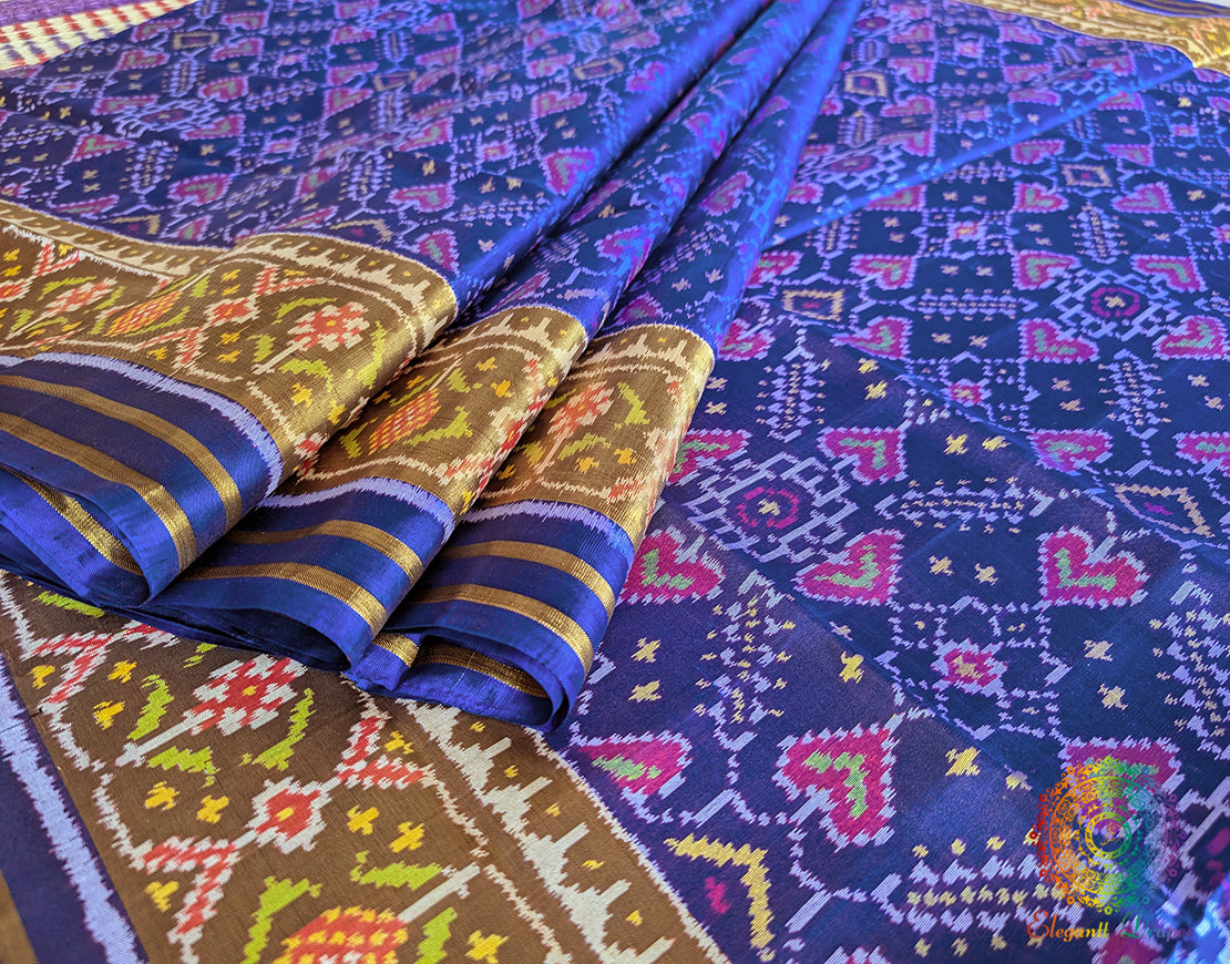 Blue Pure Mulberry Silk Rajkot Patola Saree – Handloom Saree Online India | Elegantt Drapes