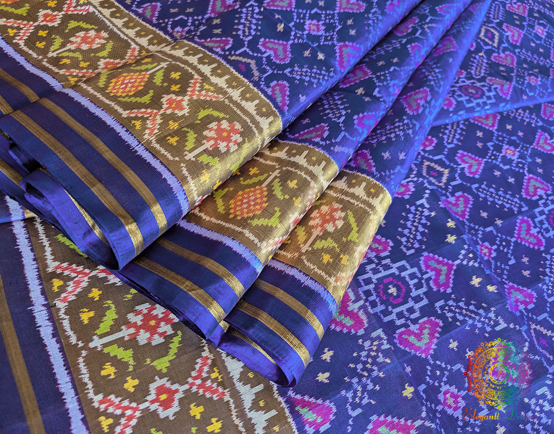 Blue Pure Mulberry Silk Rajkot Patola Saree – Handloom Saree Online India | Elegantt Drapes