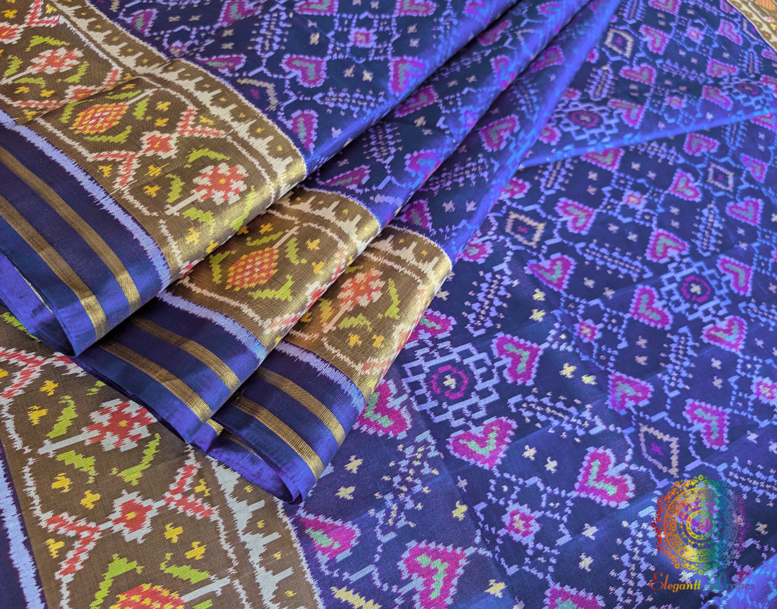 Blue Pure Mulberry Silk Rajkot Patola Saree – Handloom Saree Online India | Elegantt Drapes