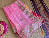 Blush Pink Chinon Bandhej Leharia Gota Patti Saree – Bandhani Saree Online India | Elegantt Drapes
