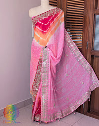 Blush Pink Chinon Bandhej Leharia Gota Patti Saree – Bandhani Saree Online India | Elegantt Drapes