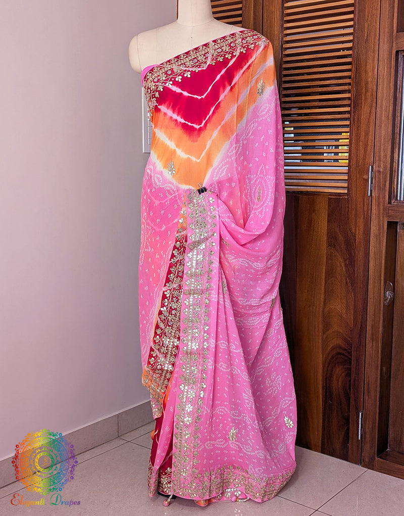 Blush Pink Chinon Bandhej Leharia Gota Patti Saree – Bandhani Saree Online India | Elegantt Drapes