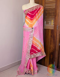 Blush Pink Chinon Bandhej Leharia Gota Patti Saree – Bandhani Saree Online India | Elegantt Drapes