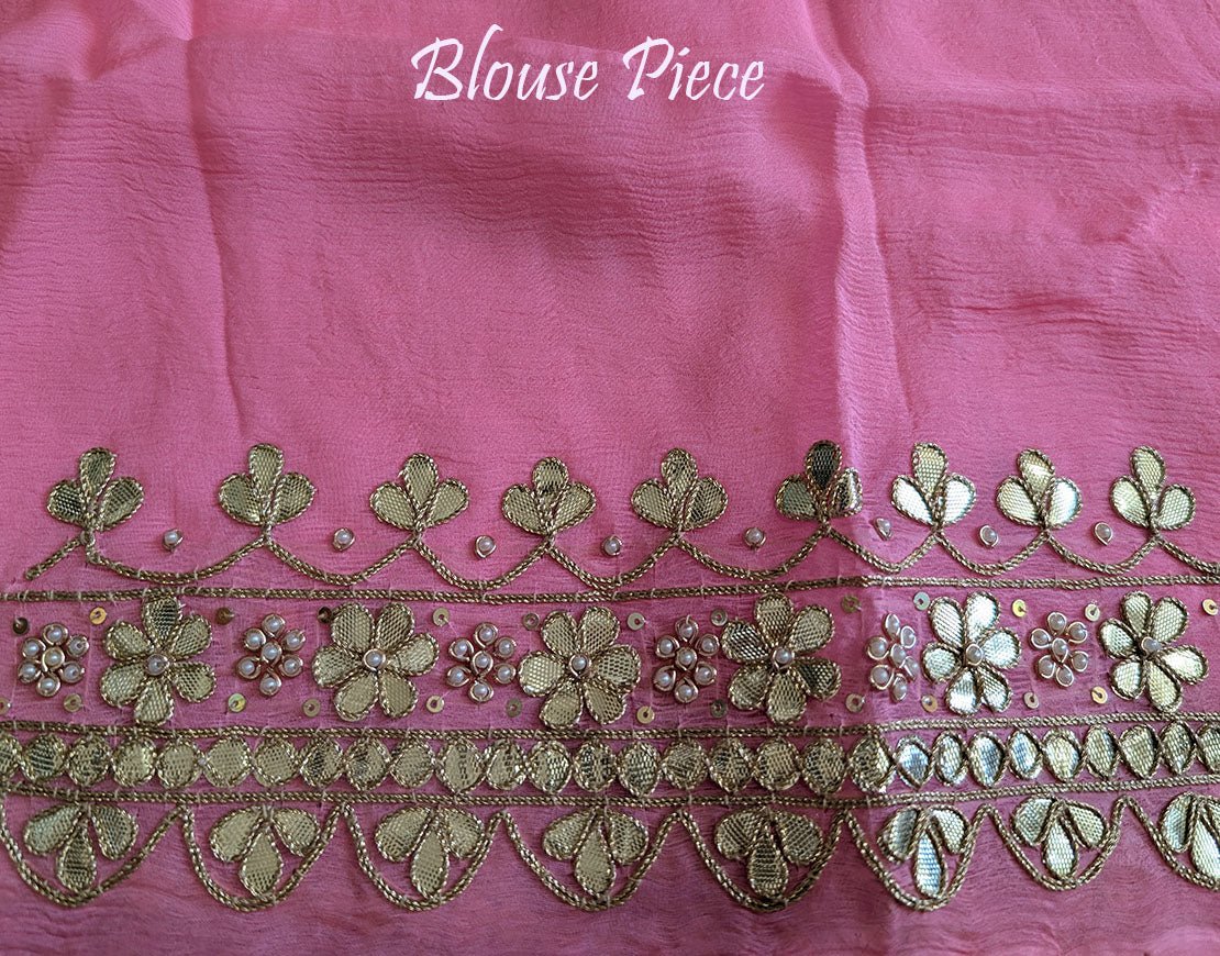 Blush Pink Chinon Bandhej Leharia Gota Patti Saree – Bandhani Saree Online India | Elegantt Drapes