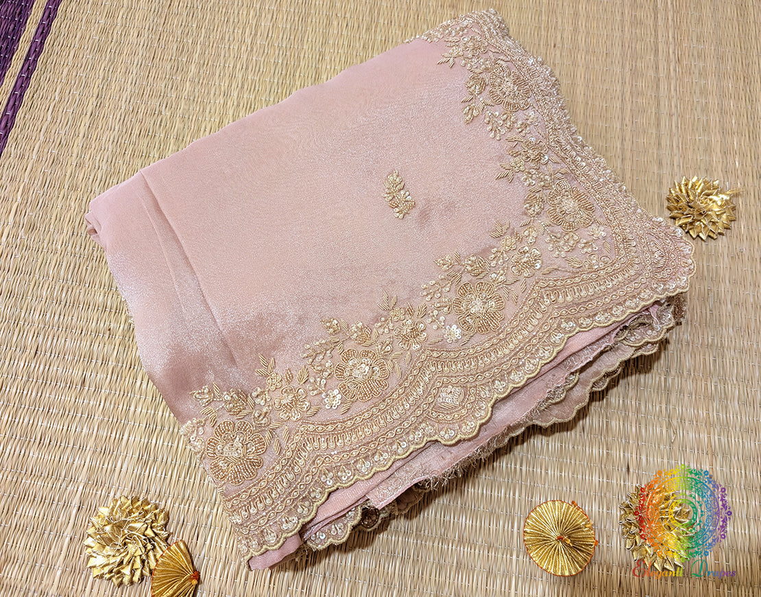 Blush Pink Tissue Organza Zardozi Handwork Saree – Handloom Saree Online India | Elegantt Drapes