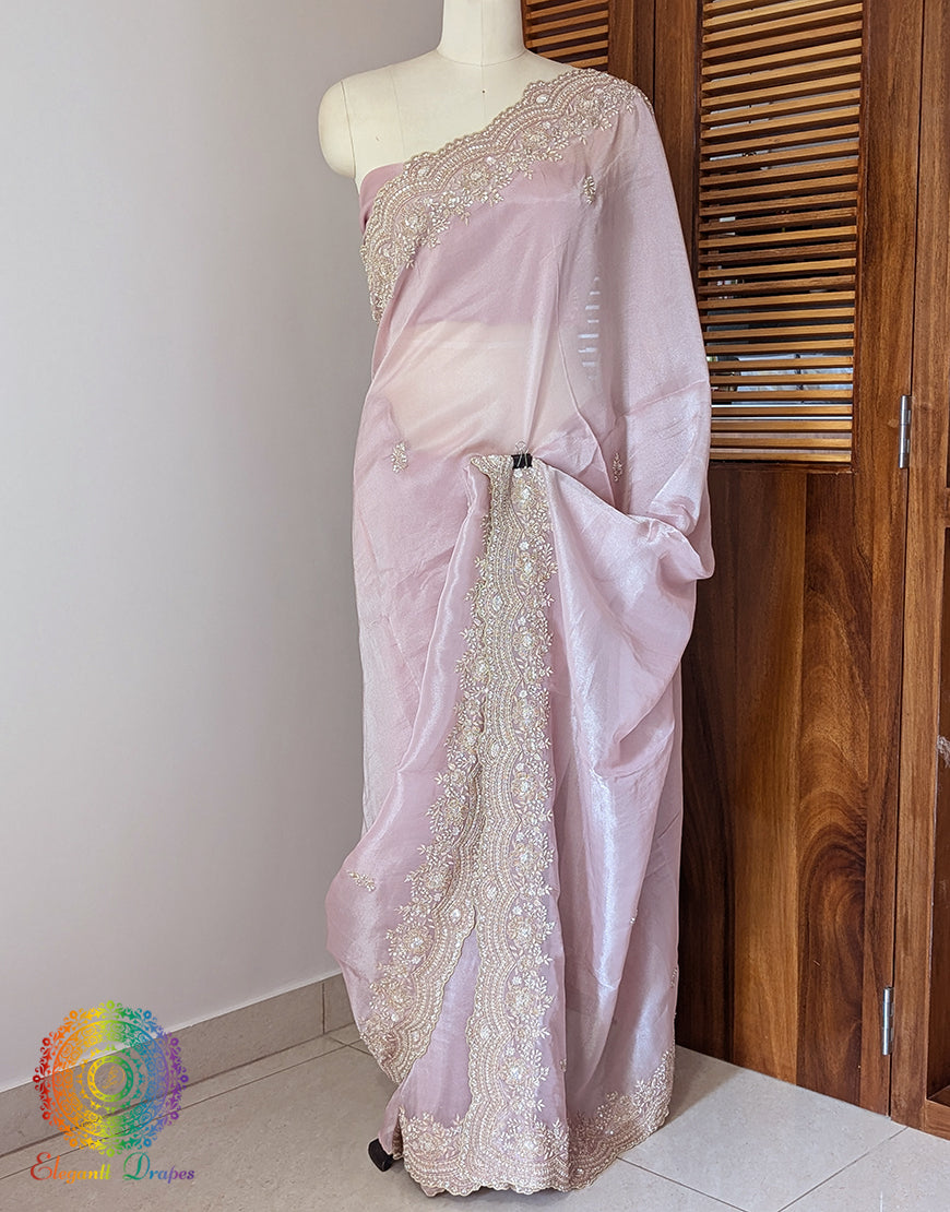 Blush Pink Tissue Organza Zardozi Handwork Saree – Handloom Saree Online India | Elegantt Drapes