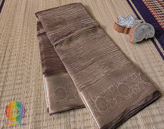 Brown Pure Banarasi Crushed Tissue Silk Saree – Handloom Saree Online India | Elegantt Drapes
