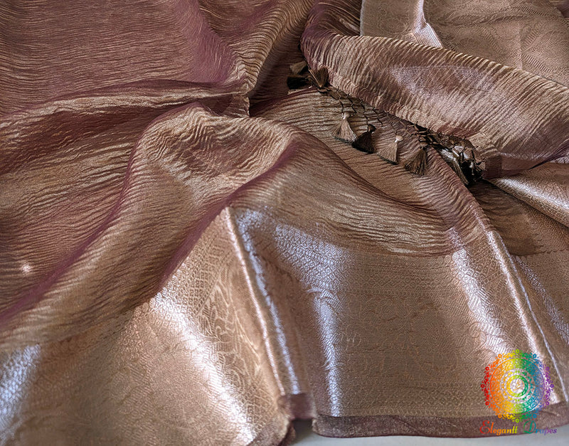 Brown Pure Banarasi Crushed Tissue Silk Saree – Handloom Saree Online India | Elegantt Drapes