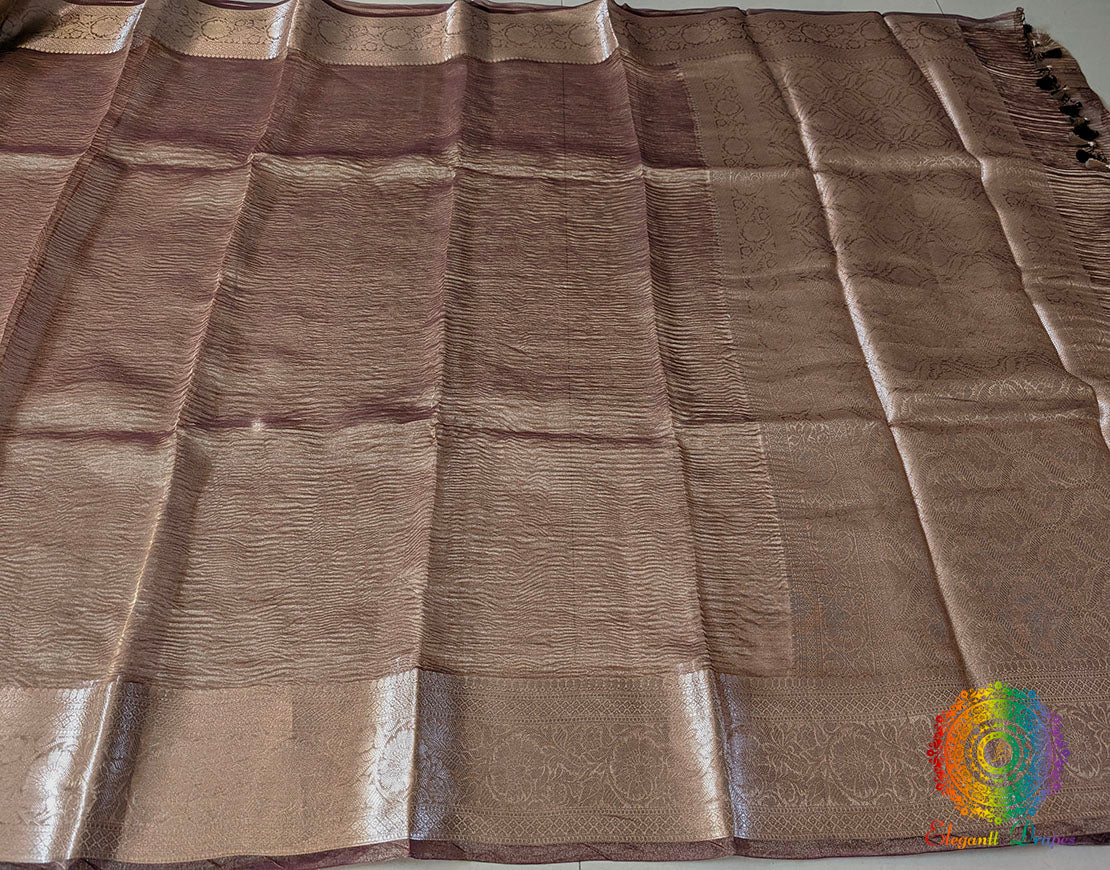 Brown Pure Banarasi Crushed Tissue Silk Saree – Handloom Saree Online India | Elegantt Drapes