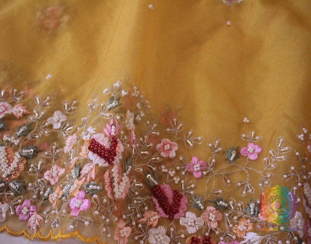 Canary Yellow Pure Organza Silk Hand Embroidered Saree