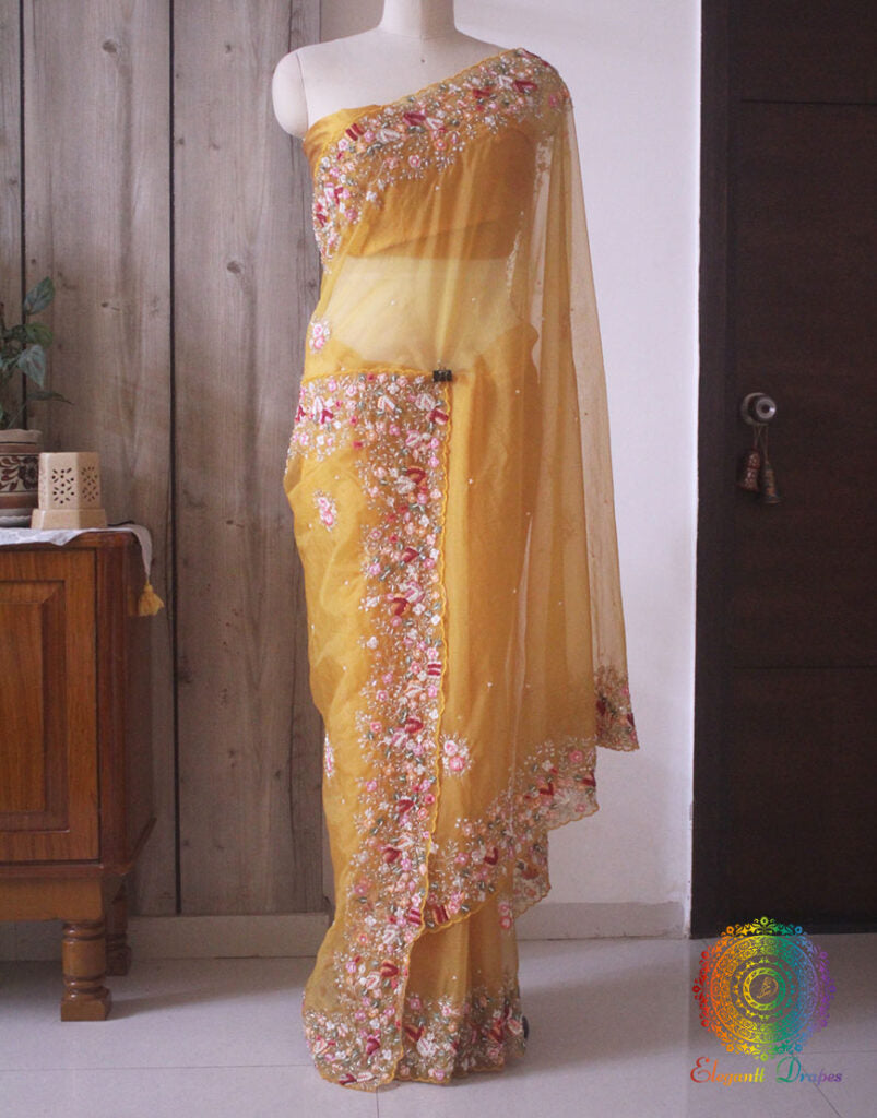 Canary Yellow Pure Organza Silk Hand Embroidered Saree
