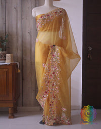 Canary Yellow Pure Organza Silk Hand Embroidered Saree