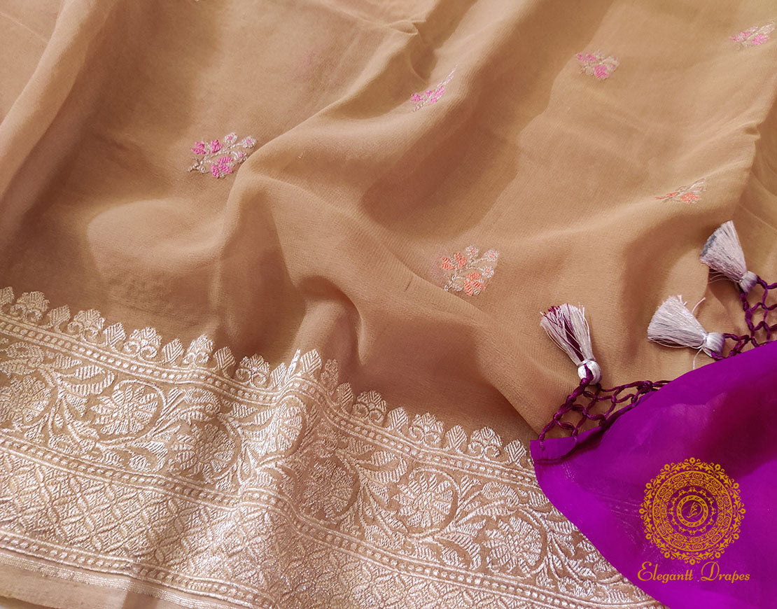 Chikoo Banarasi Handloom Georgette Kadhuwa Saree – Handloom Saree Online India | Elegantt Drapes
