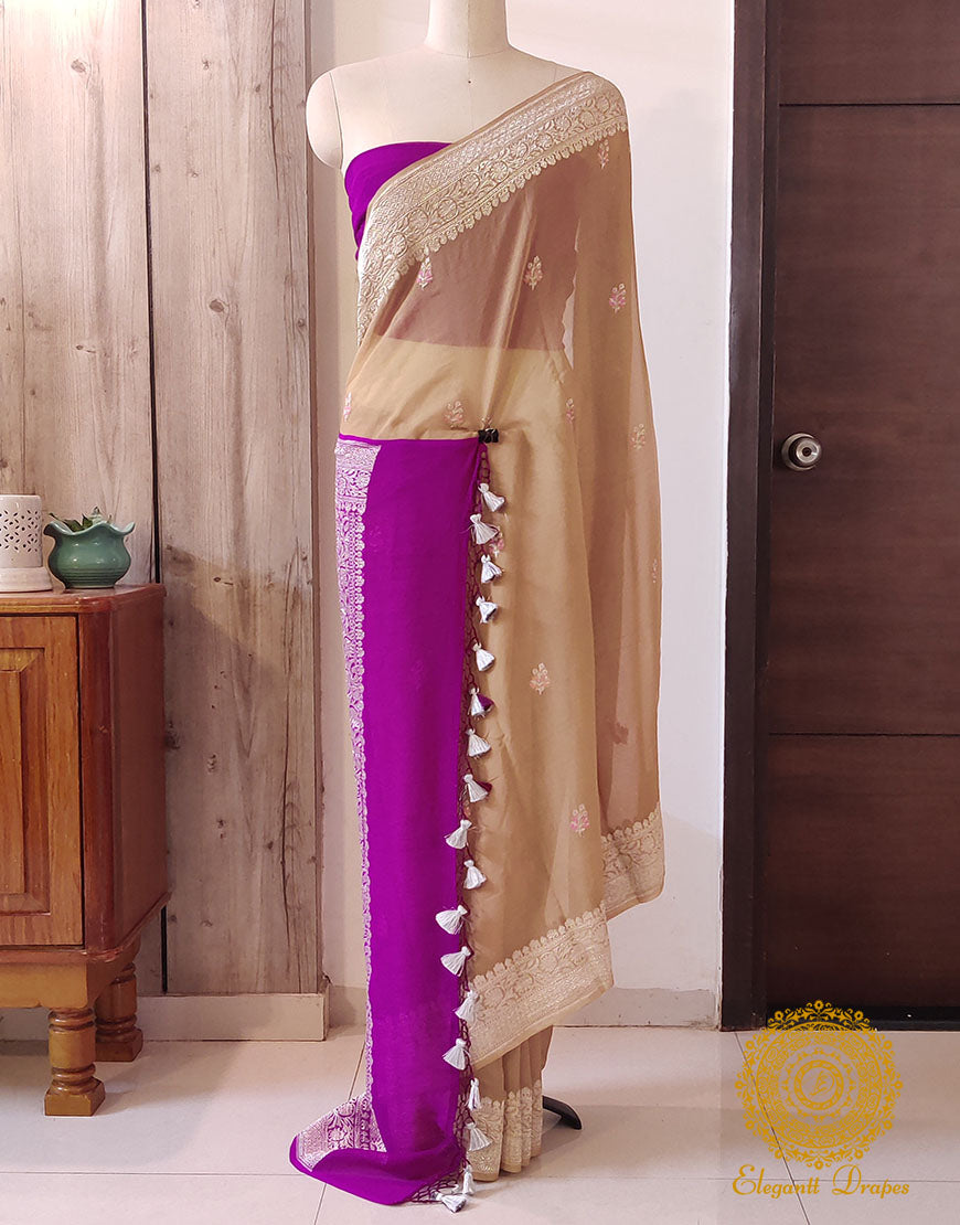 Chikoo Banarasi Handloom Georgette Kadhuwa Saree – Handloom Saree Online India | Elegantt Drapes