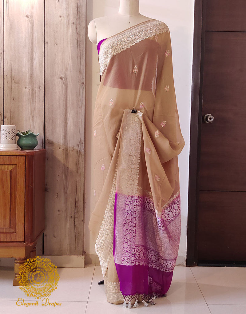 Chikoo Banarasi Handloom Georgette Kadhuwa Saree – Handloom Saree Online India | Elegantt Drapes
