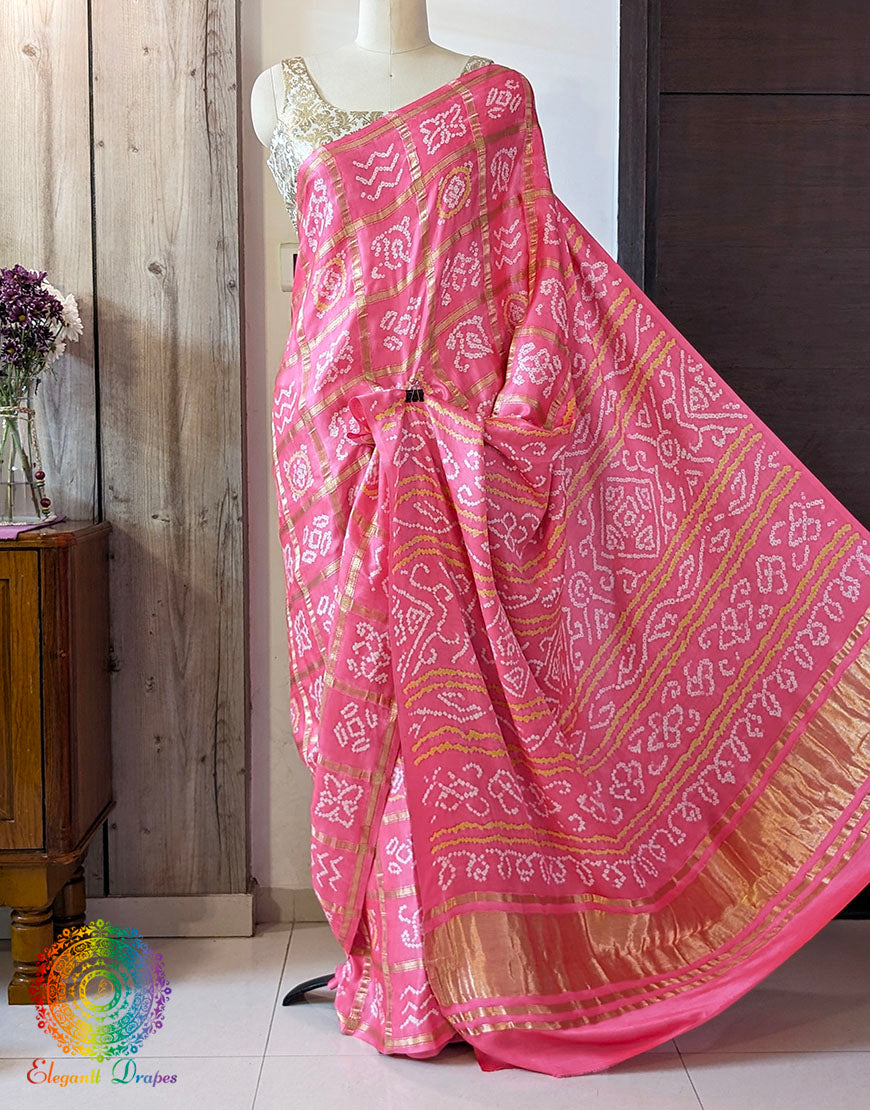 Coral Pink Gharchola saree pallu with Bandhej detailing