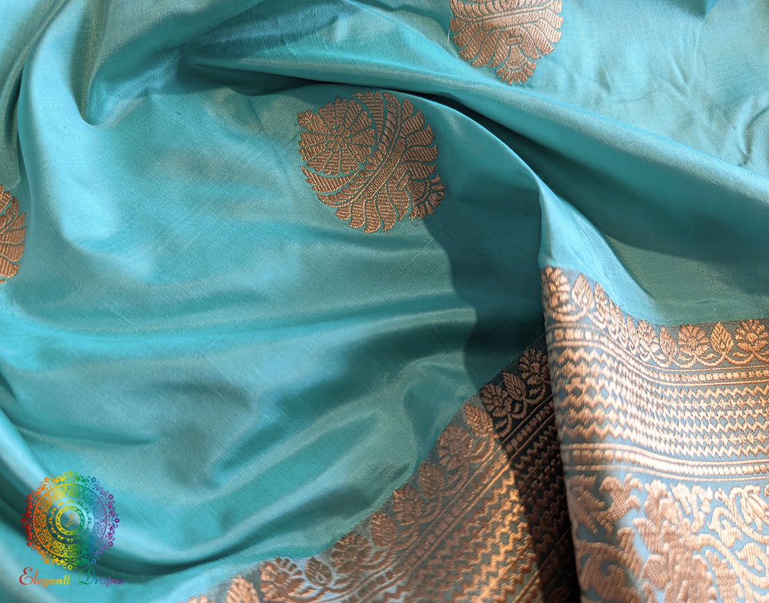 Aqua Blue Pure Banarasi Handloom Katan Silk Saree – Handloom Saree Online India | Elegantt Drapes
