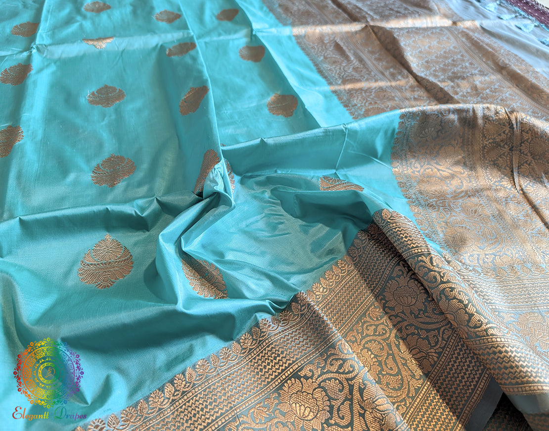 Aqua Blue Pure Banarasi Handloom Katan Silk Saree – Handloom Saree Online India | Elegantt Drapes