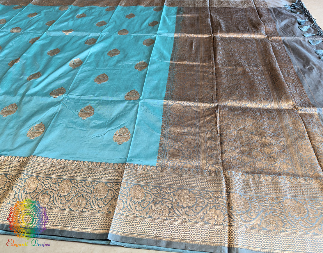 Aqua Blue Pure Banarasi Handloom Katan Silk Saree – Handloom Saree Online India | Elegantt Drapes