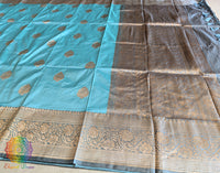 Aqua Blue Pure Banarasi Handloom Katan Silk Saree – Handloom Saree Online India | Elegantt Drapes